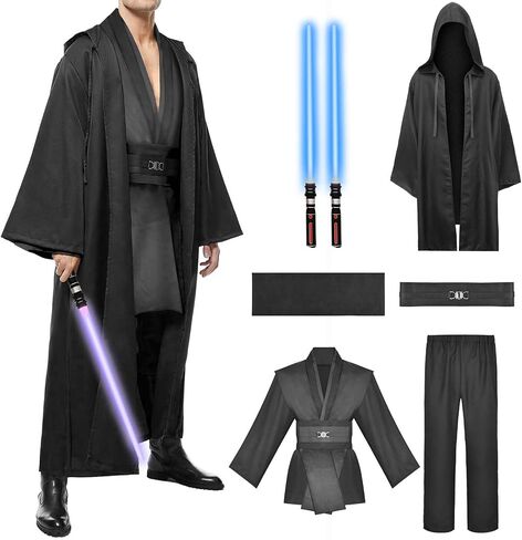 Men's Tunic Cosplay Costume with 2 PCS Light Up Saber Tunic Hooded Robe Full Set for Halloween Party in Saudi Arabia