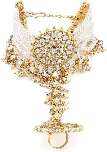 Iwels 18k Gold Plated Indian Wedding Bollywood Choilish with Kundan & Pearl القابلة للتعديل Haath Phool/Panja للنساء (PIJ029W) in Saudi Arabia