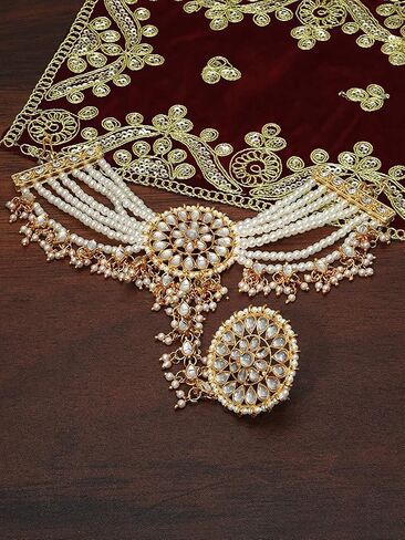 Iwels 18k Gold Plated Indian Wedding Bollywood Choilish with Kundan & Pearl القابلة للتعديل Haath Phool/Panja للنساء (PIJ029W) in Saudi Arabia