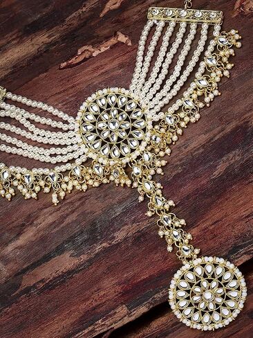 Iwels 18k Gold Plated Indian Wedding Bollywood Choilish with Kundan & Pearl القابلة للتعديل Haath Phool/Panja للنساء (PIJ029W) in Saudi Arabia