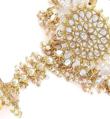 Iwels 18k Gold Plated Indian Wedding Bollywood Choilish with Kundan & Pearl القابلة للتعديل Haath Phool/Panja للنساء (PIJ029W) in Saudi Arabia