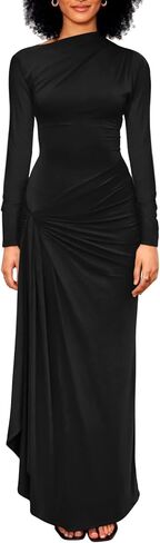 YMDUCH Women's Casual Long Sleeve Boat Neck High Split Ruched Bodycon Long Formal Dress in Kuwait