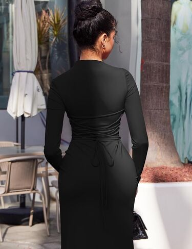 YMDUCH Women's Casual Long Sleeve Boat Neck High Split Ruched Bodycon Long Formal Dress in Kuwait