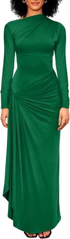 YMDUCH Women's Casual Long Sleeve Boat Neck High Split Ruched Bodycon Long Formal Dress in Kuwait