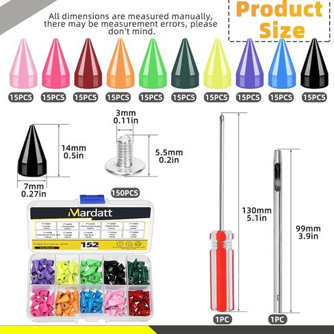 Mardatt 152Pcs 7x12MM Bullet Cone Spikes Studs Cone Spikes Punk Studs and Spikes Metallic Screw Back Spikes Kit with Hole Punch and Screwdriver for DIY Leather Punk Style Accessories in Kuwait