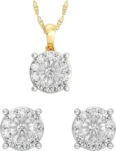 GILDED 1 CTTW Lab-Grown Diamond Round Necklace & Earring Set, Sterling Silver or 14K Gold-Plated, 18" Chain, Tarnish-Resistant, Elegant & Ethical Jewelry for Women, Gift-Boxed, Perfect for Gifting in Kuwait