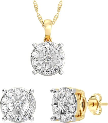 GILDED 1 CTTW Lab-Grown Diamond Round Necklace & Earring Set, Sterling Silver or 14K Gold-Plated, 18" Chain, Tarnish-Resistant, Elegant & Ethical Jewelry for Women, Gift-Boxed, Perfect for Gifting in Kuwait