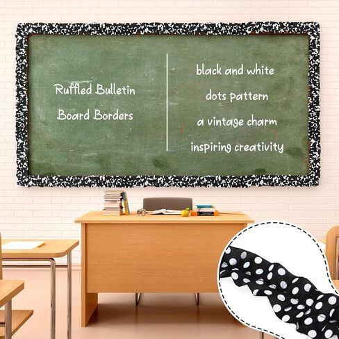 2 Roll 66 ft Ruffled Bulletin Board Borders DIY Burlap Decorative Scalloped Classroom Borders for Bulletin Board Trim Decorations Classroom Decor for Wall(Black and White Dots) in Kuwait
