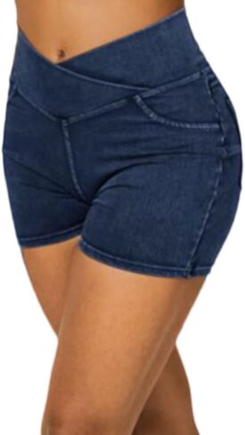 High Waisted Jeans Shorts for Women Stretchy Shorts Crossover Denim Summer Bermuda Pants with Pockets Summer in Saudi Arabia