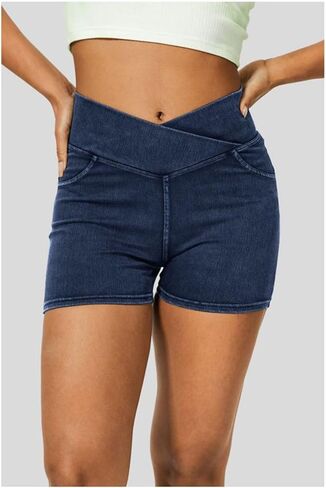 High Waisted Jeans Shorts for Women Stretchy Shorts Crossover Denim Summer Bermuda Pants with Pockets Summer in Saudi Arabia