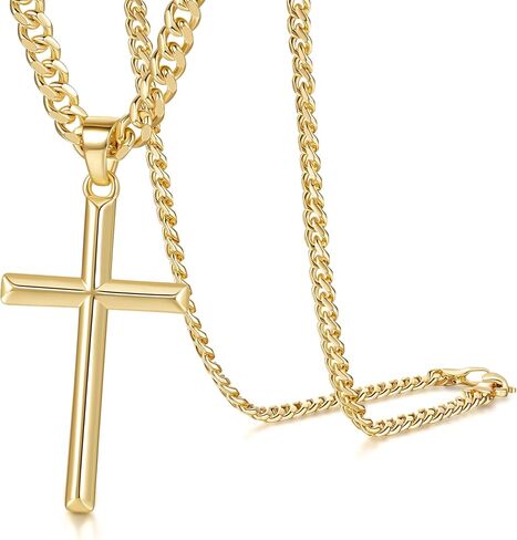 NICRET Gold Cross Necklace for Men 14K Cross Pendant for Men Simple Angular Edges with 4mm Cuban Chain Mens Crosses Chain in Saudi Arabia