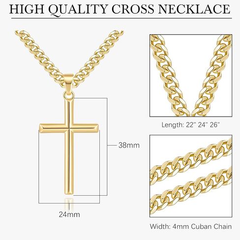NICRET Gold Cross Necklace for Men 14K Cross Pendant for Men Simple Angular Edges with 4mm Cuban Chain Mens Crosses Chain in Saudi Arabia