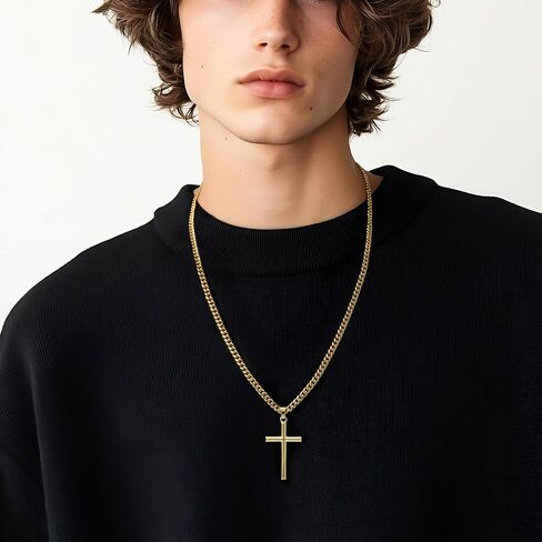 NICRET Gold Cross Necklace for Men 14K Cross Pendant for Men Simple Angular Edges with 4mm Cuban Chain Mens Crosses Chain in Saudi Arabia