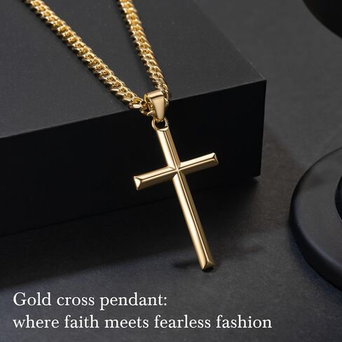 NICRET Gold Cross Necklace for Men 14K Cross Pendant for Men Simple Angular Edges with 4mm Cuban Chain Mens Crosses Chain in Saudi Arabia