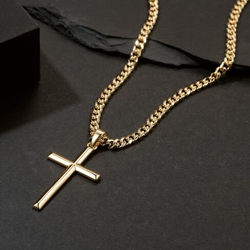 NICRET Gold Cross Necklace for Men 14K Cross Pendant for Men Simple Angular Edges with 4mm Cuban Chain Mens Crosses Chain in Saudi Arabia