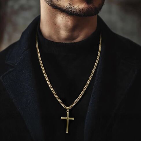 NICRET Gold Cross Necklace for Men 14K Cross Pendant for Men Simple Angular Edges with 4mm Cuban Chain Mens Crosses Chain in Saudi Arabia