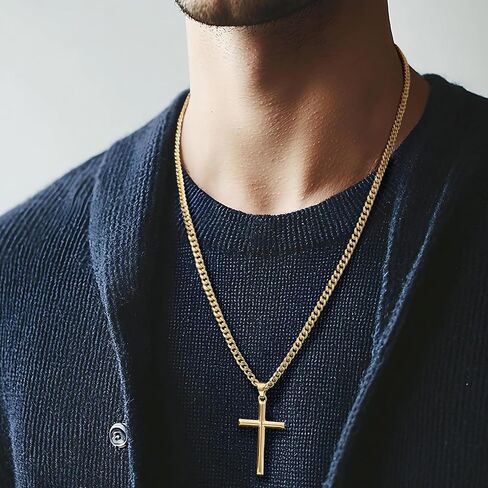 NICRET Gold Cross Necklace for Men 14K Cross Pendant for Men Simple Angular Edges with 4mm Cuban Chain Mens Crosses Chain in Saudi Arabia