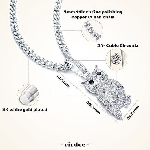 Iced Out Owl Pendant Necklace for Men with 5mm 24inch Cuban Chain 18K Gold/White Gold Plated in Gift Box in Kuwait