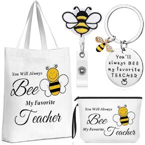 Coume 4 Pcs Teacher Appreciation Gifts for Women Include Bee Canvas Tote Bag Makeup Bag Keychain Cute Bee Retractable Badge Holders Clips Back to School Thank You Gifts for Nurse Employee in Kuwait