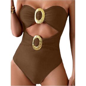 GORGLITTER Women's Strapless Metal One Pieces Swimsuits Modest Tummy Control Bathing Suit Cut Out Bandeau Monokini in Saudi Arabia