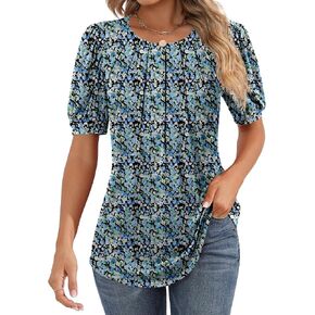 Riyiper Women's Short Sleeve Pleated Tops Crew Neck Puff Sleeve Spring Blouses Tunic Top Summer Dressy Casual T Shirt in Saudi Arabia