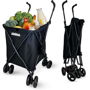 عربة التسوق والمرافق القابلة للطي من أمينا، عربة خفيفة الوزن مقاومة للماء بعجلات، عربة بقالة قابلة للطي، عربة غسيل بعجلات، التخييم، الرياضة، نقل ما يصل إلى 132 رطل (أسود) in Kuwait