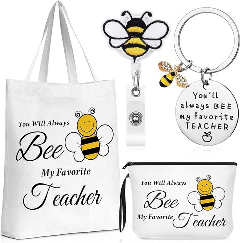 Coume 4 Pcs Teacher Appreciation Gifts for Women Include Bee Canvas Tote Bag Makeup Bag Keychain Cute Bee Retractable Badge Holders Clips Back to School Thank You Gifts for Nurse Employee in Saudi Arabia