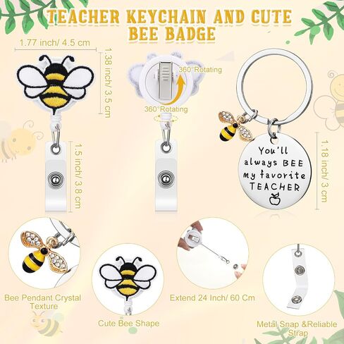 Coume 4 Pcs Teacher Appreciation Gifts for Women Include Bee Canvas Tote Bag Makeup Bag Keychain Cute Bee Retractable Badge Holders Clips Back to School Thank You Gifts for Nurse Employee in Saudi Arabia