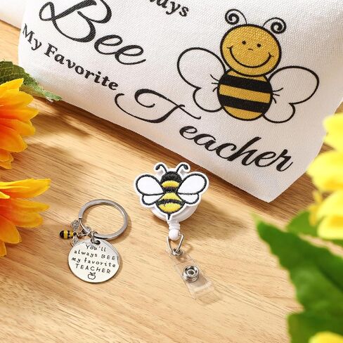 Coume 4 Pcs Teacher Appreciation Gifts for Women Include Bee Canvas Tote Bag Makeup Bag Keychain Cute Bee Retractable Badge Holders Clips Back to School Thank You Gifts for Nurse Employee in Saudi Arabia