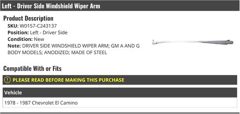 Left Driver Side Windshield Wiper Arm - Compatible with 1978-1987 Chevy El Camino in Saudi Arabia