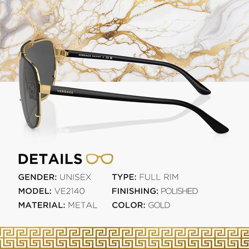 Versace VE2140 40mm Non-Polarized Aviator Sunglasses for Men – Gold Metal Frame with Black Temples, 100% UV Protection, Lightweight & Comfortable Sunglasses, eShades Eyewear Kit Included in Saudi Arabia