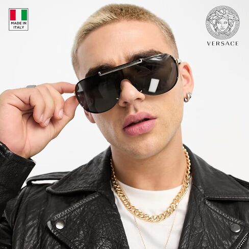 Versace VE2140 40mm Non-Polarized Aviator Sunglasses for Men – Gold Metal Frame with Black Temples, 100% UV Protection, Lightweight & Comfortable Sunglasses, eShades Eyewear Kit Included in Saudi Arabia
