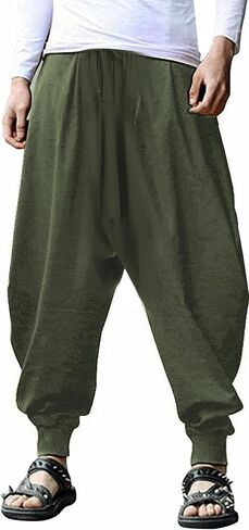 perdontoo Mens Casual Harem Pants Loose Elastic Waist Drawstring Hippie Aladdin Drop Crotch Trousers (36, Green) in Saudi Arabia