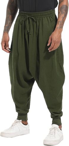 perdontoo Mens Casual Harem Pants Loose Elastic Waist Drawstring Hippie Aladdin Drop Crotch Trousers (36, Green) in Saudi Arabia