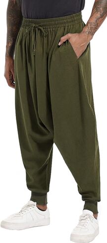 perdontoo Mens Casual Harem Pants Loose Elastic Waist Drawstring Hippie Aladdin Drop Crotch Trousers (36, Green) in Saudi Arabia