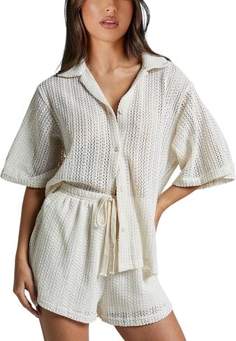 2 Piece Crochet Swimsuit Cover Ups for Women Hollow Out Knit Half Sleeve Tops Shorts Sets in Saudi Arabia