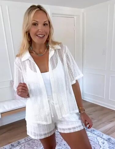2 Piece Crochet Swimsuit Cover Ups for Women Hollow Out Knit Half Sleeve Tops Shorts Sets in Saudi Arabia