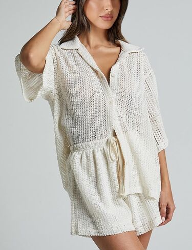 2 Piece Crochet Swimsuit Cover Ups for Women Hollow Out Knit Half Sleeve Tops Shorts Sets in Saudi Arabia