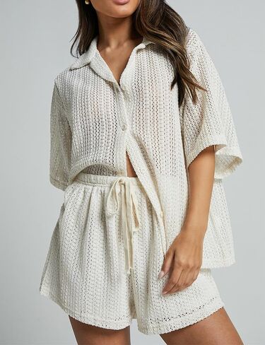 2 Piece Crochet Swimsuit Cover Ups for Women Hollow Out Knit Half Sleeve Tops Shorts Sets in Saudi Arabia
