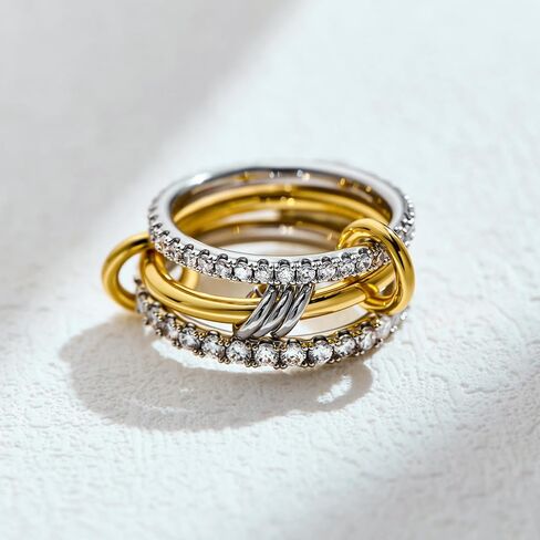 Allencoco 14K حلقات قابلة للتكديس مطلي بالذهب ، 3 حلقة مع الزركونيا المكعبة ، والذهب والفضة مكدسة ، وربط متعددة الوصلات ، ومتشابكة للنساء ، والبيان ، والخطوب ، وغير تشويه in Kuwait
