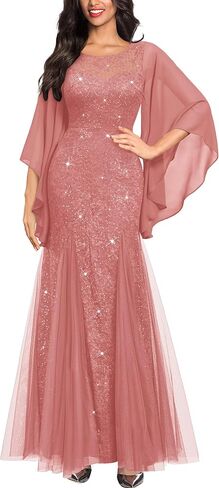 Miusol Women's Lace Tulle Sparkly Searcly Sealial Evening Mermaid Hem Maxi Dress in Kuwait