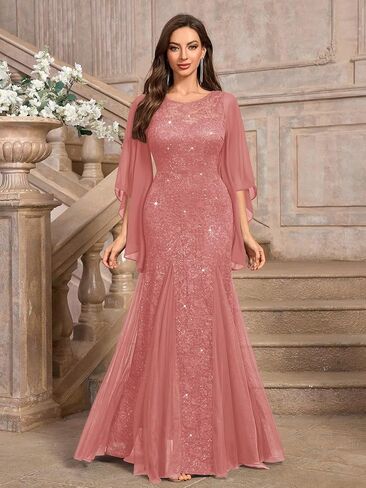 Miusol Women's Lace Tulle Sparkly Searcly Sealial Evening Mermaid Hem Maxi Dress in Kuwait