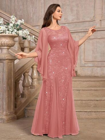 Miusol Women's Lace Tulle Sparkly Searcly Sealial Evening Mermaid Hem Maxi Dress in Kuwait