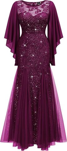 Miusol Women's Lace Tulle Sparkly Searcly Sealial Evening Mermaid Hem Maxi Dress in Kuwait