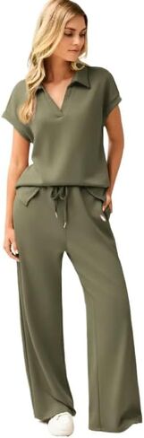 Women's loose V-neck short sleeved top, wide leg pants two-piece set, solid color T-shirt, jogging pants set in Kuwait