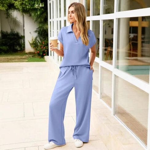Women's loose V-neck short sleeved top, wide leg pants two-piece set, solid color T-shirt, jogging pants set in Kuwait