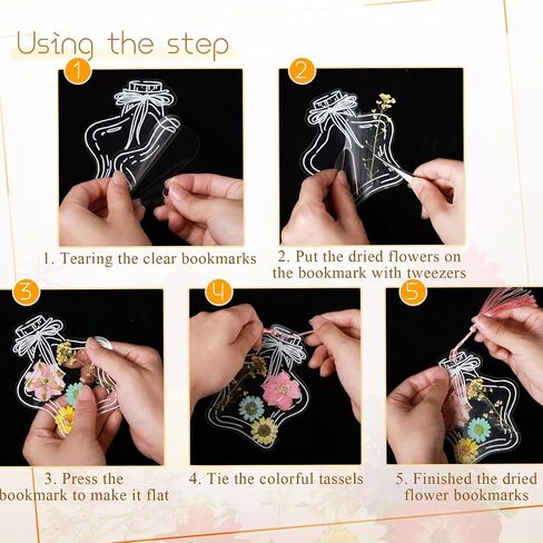 TaoBary 131 Pcs DIY Transparent Dried Flower Bookmark Set Handmade DIY Bookmarks with Dried Pressed Flowers Leaves Butterfly Stickers Colorful Tassels and Tweezers for Reader Writer (Rainbow Color) in Saudi Arabia