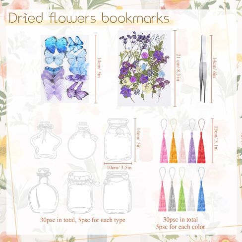 TaoBary 131 Pcs DIY Transparent Dried Flower Bookmark Set Handmade DIY Bookmarks with Dried Pressed Flowers Leaves Butterfly Stickers Colorful Tassels and Tweezers for Reader Writer (Rainbow Color) in Saudi Arabia