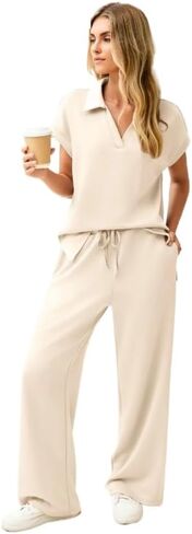 Women's loose V-neck short sleeved top, wide leg pants two-piece set, solid color T-shirt, jogging pants set in Kuwait