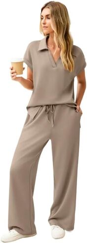 Women's loose V-neck short sleeved top, wide leg pants two-piece set, solid color T-shirt, jogging pants set in Kuwait